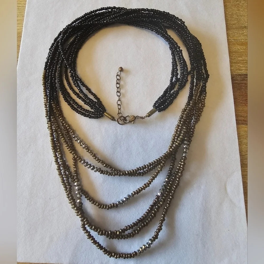 Black Seed Bead Necklace Reflective Dark Gold Metal Long Necklace
